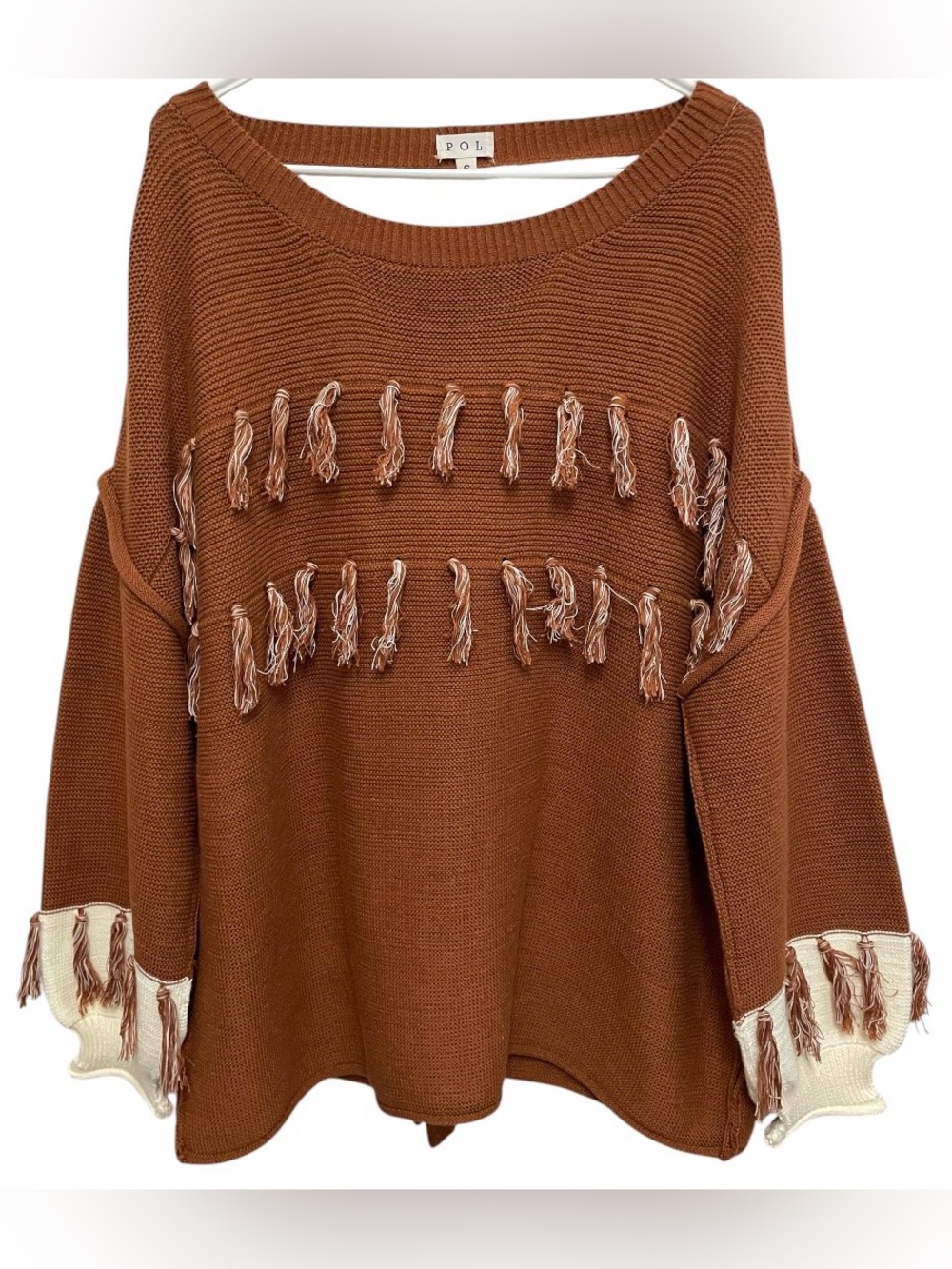 POL oversized pullover open back fringe sweater harvest